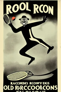 old man in 1928 poster advertising racoon tennis, raccons flying in air between tennis rackets