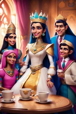 One day, Queen Batool was having a good time with her special team that was called "The Tea Council". Her team included: - Rayouf, the brave princess and the leader of the tribe - A talented writer who writes amazing stories - A real Barbie doll that talks and moves - Jim Carrey, the star of comedy and satire - Donald Trump, the former US president and the controversial figure They met in a spacious room decorated with large windows that allow sunlight to enter, bright colors, green plants, mode