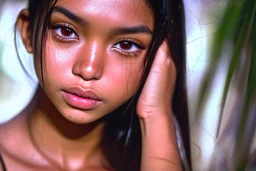 high resolution) (portrait), ( latino Asian girl), (harsh light), (intense shadows), (contrasting tones), (close-up), (cheerfull expression), ((emphasized features)), striking eyes, (unique angle), (bold composition), (intense mood), ((contoured features)), (strong personality), (realistic skin texture), (professional photography), (edgy fashion), (creative makeup), ((intense gaze)), (fierce beauty), (sharp details), ((fashion model)), ((high cheekbones)), (dark brown eyes)