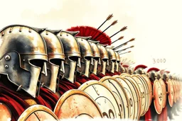 Stylish movie poster for the movie "300" with a row of Spartans in a phalanx alignment with elaborate shiny Spartan Shields lined up in a row, watercolor and ink painting, dramatic, arrows in the air and embedded in the shields