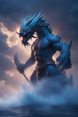yam the water god, monster, dragon, thunder, lightning, god fighting against him, riding the clouds, UHD, 8K, dynamic lighting, volumetric lighting,