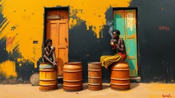 minimalist acrylic impasto painting of two skinny tall young black Somali neighbors sitting on rusty oil barrels drinking steaming coffee, wide angle, dynamic crude brush strokes, dusty yellow heat mood, peaceful vibe, tribal vibe, amazing reflections, amazing verticals, great parallels, warm shades of yellow, orange, green and black with sparse deep red leaks, afrofuturism, vibrant nighthawk people on a black wall, rusty village decay, arafed doors