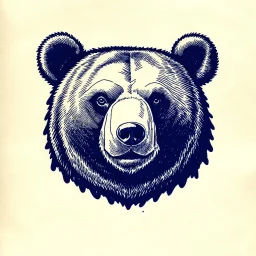 bear head, 70s comics style, block print with indigo ink on creamy paper texture, strong contrast