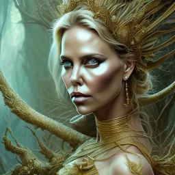 Charlize Theron, Angelina Jolie, woolitize, rusty metal, feathers, Dryad, fae, sidhe, ominous, nature, plants, wildflower, facepaint, dnd character portrait, intricate, oil on canvas, masterpiece, expert, insanely detailed, 4k resolution, retroanime style, cute big circular reflective eyes, cinematic smooth, intricate detail , soft smooth lighting, soft pastel colors, painted Renaissance style