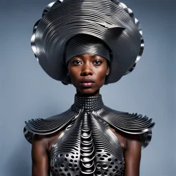 Whimsical wakanda fashionista in fashion Helical and spiral dress and hat made of titanium spoons and forks, photo realistic, hd, by Rene Magritte and yayoi kusama