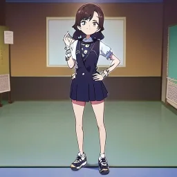 Clear focus, High resolution,{{{Best Quality}}} {{{Cinematic Lighting}}},(One arm in the air other on hip) (Legs crossed) (((Full body))), ((((ANIME SCREENCAP))) (((CLASSROOM BACKGROUND))) Cute anime face,[beautiful detailed eyes] 1girl solo, cute, cartoon