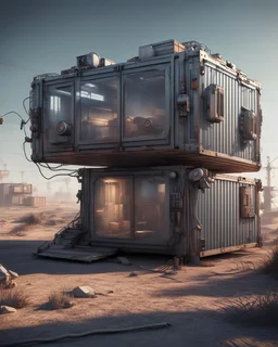 Futuristic Container house, 3d render, vray, uhd, detailed, hdr, 8k, photorealistic, post apocalyptic, hawken graphic design gadget wires abstract 3d hitech technological HAWKEN photorealistic uhd 8k VRAY highly detailed HDR