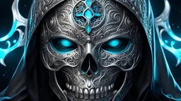 Highly Detailed Epic Zoom Out Photo Of Full Face, otherworldly silver filigree skull mask with cyan eyes, shrouded in darkness, Intricate, Dystopian, Extremely Detailed, wet, Digital Painting, Artstation, Concept Art, Smooth, Sharp Focus, Illustration, Intimidating Lighting, Incredible Art By Artgerm, Intricate Detail