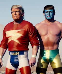 Realistic image of Donald trump wrestler, Mexican wrestling, star mask makeup, red and blue breeches, suspenders, retro style, 80s, red, gold, vibrant color, highly detailed, clean background, concept art, unreal engine 5, god rays, ray tracing, RTX, lumen lighting, ultra detail, volumetric lighting, 3d, finely drawn, high definition, high resolution.