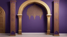 Hyper Realistic Garland-Light on Islamic-Architectural-Mosque-Open-White-Door-&-Navy-Wall on Purple-Rustic-Wall with maroon-crafting-on-Golden-pillars with nightly-ambiance