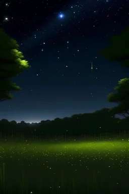 Tall grass, night time, stars visible hilltop, looking down at . anime Oak trees, abandon high tech facility