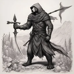 Alrabeg who bears the Spear of Bitter Mercy He comes here from the Hunting Grounds to hunt new prey, in Gel Pen art style