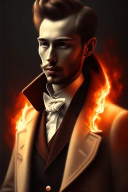 young gentleman , Fire theme art, Dark moody night atmosphere, Michelangelo, 8K, anatomically perfect face, ignore NSFW, dark red,london street