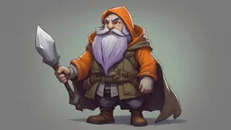 A gnome in a dungeon with a slightly gray skin color, draw him with a medium sized beard and a long mustache, both the beard and mustache should be lavender in color, he should be wearing a slightly faded orange overcoat , an olive green hooded cape and a hunter's boot. Dungeons and Dragons style, role-playing game, World of Warcraft, Lord of the Rings, Gandalf.