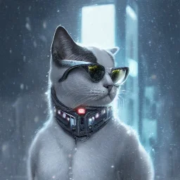 Cyberpunk Portrait of cyborg cat and with cute face, north pole snowing vibe , perfect composition, hyper realistic, super detailed, 8k, high quality, trending art, trending on art station, sharp focus, studio photo, intricate details, highly detailed, by greg rutkowski