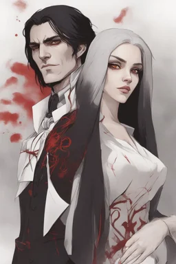 Vampire count Strahd Von Zarovich has long black hair and red eyes, with a woman with white hair