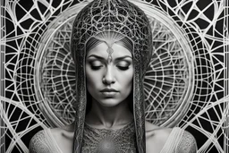black and white woman spires and spindles and webs in the style of alex grey