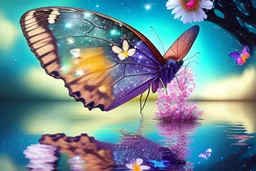 tree, water reflection, butterfly, flowers, galaxy, cosmos, science fiction, epic scene.