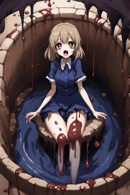 Anime girl with big eyes, darkblue and sepia tones, fullbody, slime, the perspective looking up from the bottom of an empty well, rolling eyes, tongue out, blood drip, open mouth,