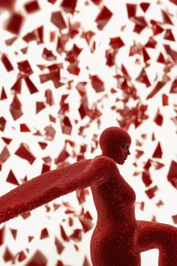 ultra detailed shot of a shattering sculpture made of red glass in a female shape, full body zoomed, ((red glitter floating around)), side view, motion effects, ((shattering sculpture)), colorful cristal particles floating as the sculptures shatter in loads of pieces, studio lights, ultra sharp focus, high speed shot, art by Mschiffer, soft colors,