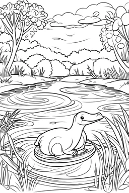 Draw a whimsical scene of a platypus exploring a riverbank, clean line art, white background, no shadows, well outlined, for kids coloring book.