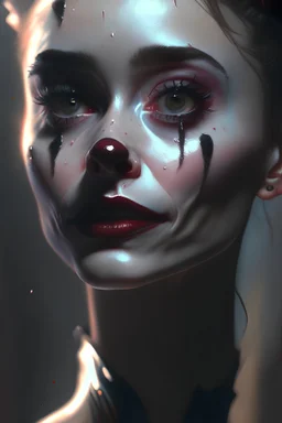Audrey Hepburn Photorealistic dramatic hyperrealistic criyng clown paint ,Crystal black eyes, elegant, by WLOP,Artgerm,Greg Rutkowski, Beautiful dynamic,shadows,Artstation,concept design art,Octane render,8K