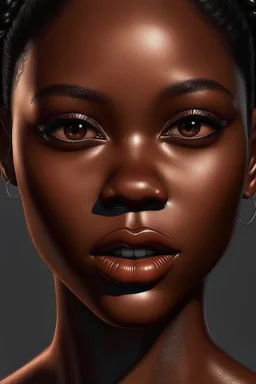 Create a stunning and realistic image of a black girl's face with makeup, focusing on capturing natural beauty and intricate details. Key Elements: Skin Tone: Realistic depiction of rich and deep skin tones. Subtle variations to highlight natural beauty. Facial Features: Accurate portrayal of facial features, including nose, lips, and cheekbones. Detailed and well-defined eyebrows. Makeup Details: Realistic application of makeup, including foundation, eyeshadow, eyeliner, mascara, and lipst