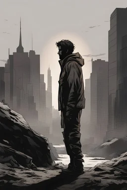 man, standing, silhouette, comic book,post-apocalypse, gray background,