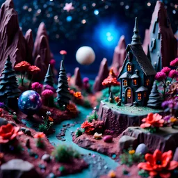 Detailed creepy odd landscape made of modeling clay, naïve, houses, rock formations, people walking, Tim Burton, flowers, stars and planets, Harry Potter, strong texture, extreme detail, decal, rich moody colors, sparkles, clean, bokeh, odd