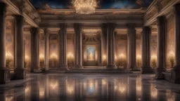 symmetrical night-time view inside a palace in ancient Rome showing rooms, halls, courtyards, sparkling fountains, night, many lamps, perfect symmetry, luxury, magnificent, marble statues, coloured pictorial tapestries, paintings, dream world, calm beauty, symmetry, fantasy world, magic, splendor, uplifting, inspiring, therapeutic, chiaroscuro, color, award-winning colour photograph, beautiful composition, exquisite detail, Nikon 135mm