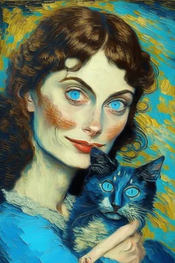 playful brunette woman with blue eyes holding cat by van gogh