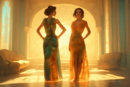 brunette woman standing in an elegant living room in a beautiful peacock feather dress in sunshine Weight:1 8k resolution concept art by Greg Rutkowski dynamic lighting hyperdetailed intricately detailed Splash art trending on Artstation triadic colors Unreal Engine 5 volumetric lighting Alphonse Mucha WLOP Jordan Grimmer orange and teal Weight:0.9