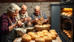 Elderly pensioners baking bread. Weighing ingredients, mixing, kneading, cooking in the oven, and the finished loaves. Everyone is happy. Photographic quality and detail, award-winning image, beautiful composition.