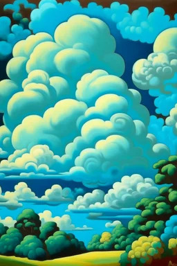 A cyan sky with puffy clouds designed in Mayan architecture painted by Thomas Hart Benton