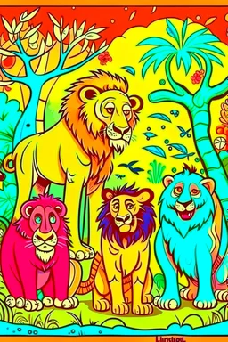 COLORED DRAW OF A LION, A PANDA, A GIRAFFE AND A MONKEY ON THE JUNGLE, CARTOON STYLE, LOW DETAILS, THICK LINES