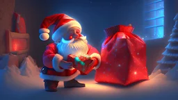 3d portrait of a gnome dressed as an American version of Santa clause looking over a glowing bag that is red and full of cookies