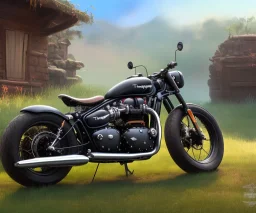 technical design study, oldschool triumph bobber bike, ratrod style, stylized garage interior background, hdr, uhd, 8k, center camera, perspective view, pivot on triumph, by david uhl