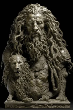 sculpture of handsome old man with long curly hair and a lion , half the f his body , front view . decayed and rotting with grotesque proportions and imagery. abstract grotesqueries, detailed texture, surreal horror, biomechanical design, by hr giger and beksinski