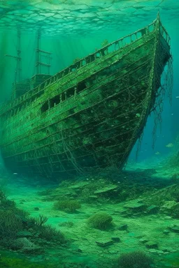 A bluish green shipwreck in deep underwater designed in ancient Roman mosaics painted by Birge Harrison