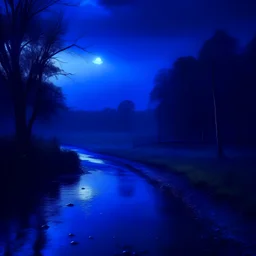 sad nature scene, midnight, dark blue colours, rainy, atmospheric, photo quality