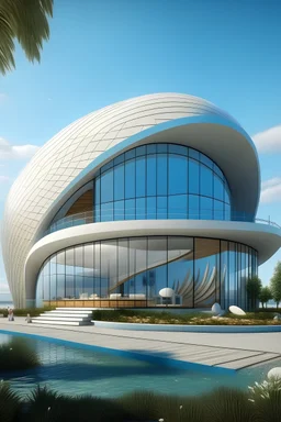 Design a two-story health clinic inspired by the curves and shape of a seashell. In order to guarantee water resistance and maximize natural wind.