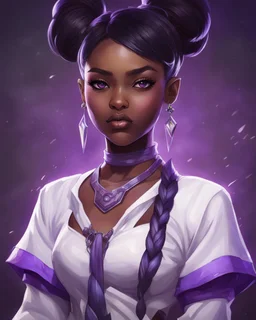 arcane tv show style, league of legends, solo, 1girl, attractive teenager, african, dark skin, dark-brown eyes, black hair, pair buns, violet strands of forehead bangs, necklace, earrings, modern makeup, (detailed skin texture), white oversize shirt