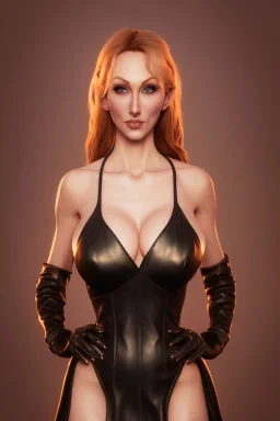 Brandi Love in black leather gown, evil, busty, cleavage, curvy, angry, happy, stern look. character design by cory loftis, fenghua zhong, ryohei hase, ismail inceoglu and ruan jia. unreal engine 5, artistic lighting, highly detailed, photorealistic, fantasy