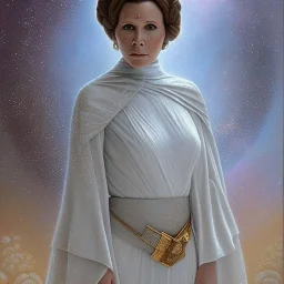 hyperspace background, complete and photo realistic detailed head to waist stunning photo realistic portrait of carrie fisher as Princess Leia in star wars with photo realistic updo hair by Mandy Jurgens and mucha and Richard Schmid and chuck close and chie yoshii, extraordinary and detailed ceremony dress of star wars,brown eyes