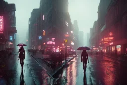 3D, beautiful, light reflecting, empty city at night, rainy night, neon, cyberpunk, person with helmet walking