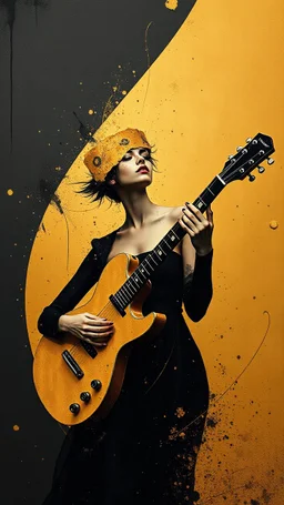 minimalism,Abstract black and gold minimalism geometric surreal beautiful fashion portrait playing the guitar ,splash art explosion,minimalist surreal surrounding background,surreal lonely depth,deep soul spirit,fantasy surreal geometry,flat,utopia,album art,cover art,album cover,cinematic,8k,epic movie still,sharp focus,by Gustav Klimt,pascal blanche,rutkowski,repin,artstation hyperrealism painting concept art of detailed character,design matte painting,leaf, Busch painting style