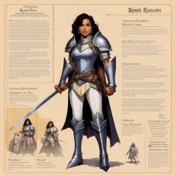 character concept sheet with AD&D statistics and characteristics, [illustration by Angus McBride] Rosie Perez as a female paladin
