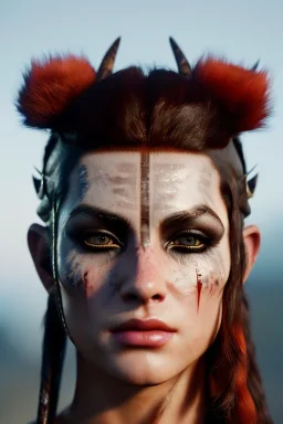 Barbarian character, animal hide armor, physically fit, tribal tattoos, scars, washboard abs, red facepaint, red hair, dark eyeshadow, intricate eyeliner, soft round eyes, beads in hair, 8k resolution, cinematic smooth, intricate details, vibrant colors, realistic details, masterpiece, oil on canvas, smokey background
