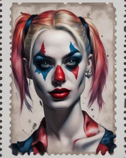 realistic portrait of harley quinn a british postage stamp with the beautiful portrait, beautiful postage stamp, polyptych, in the style of francis bacon