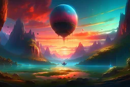 A digital painting of a mysterious anomalous orb in the sky surrounded by floating islands hovering above a fantasy landscape in the style of Michael Whelan, energy surge, serene countryside, lush forests, soaring mountains, impressive detail, sunset, high resolution, 4K, 8K, masterpiece